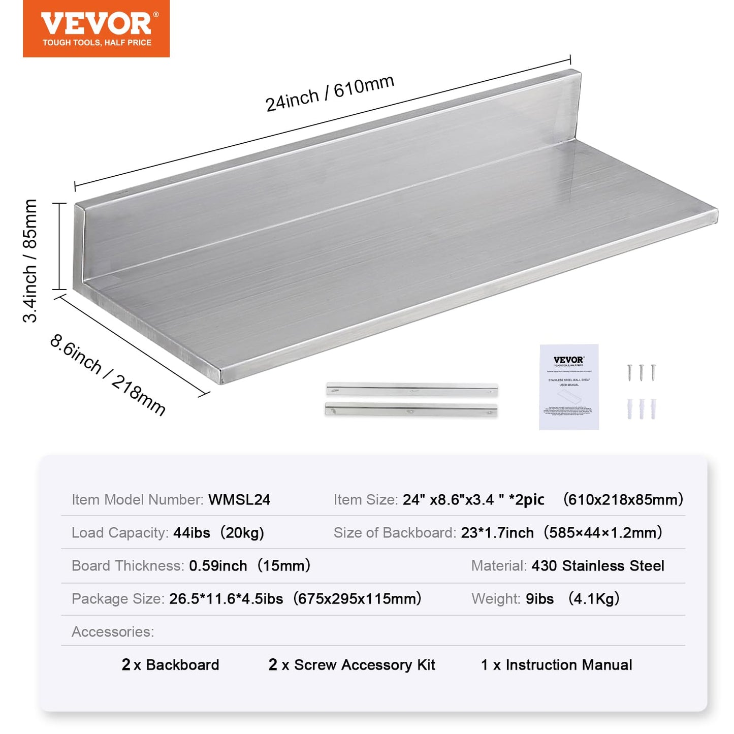 VEVOR 8.6" x 24" -2Pack Stainless Steel Shelf, Wall Mounted Floating Shelving with Backsplash, 44 lbs Load Capacity Commercial Shelves, Heavy Duty Storage Rack for Restaurant, Kitchen, Bar, Home