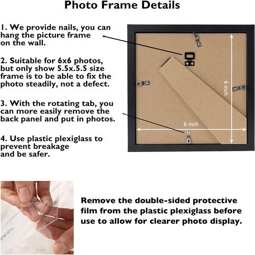 JCJMY 6x6 Picture Frame - Black Wall Hanging & Tabletop Display | Shatter Resistant Plexiglass