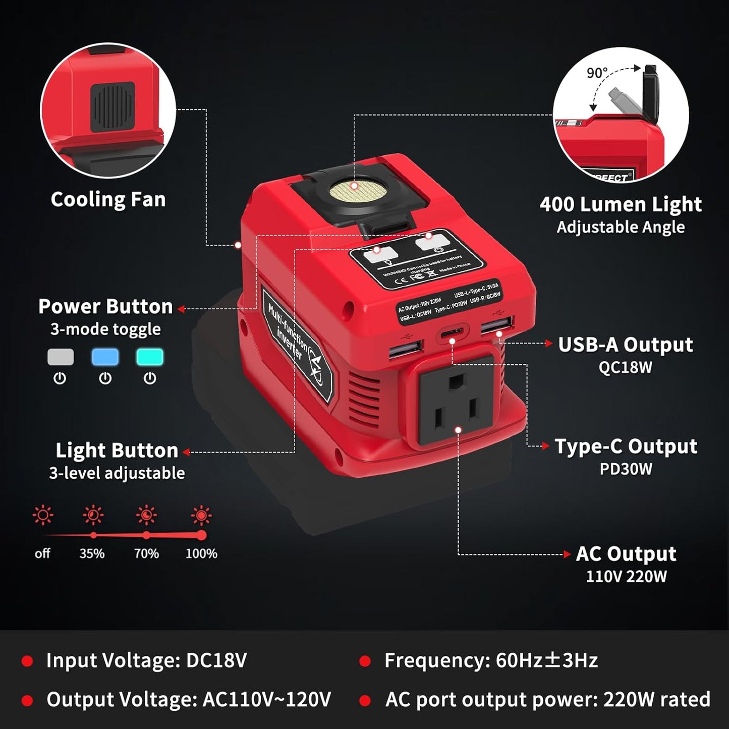 Kzreect 220W 18V 110V 1 400LM Power Inverter Compatible with Milwaukee Batteries (Battery Not Included), DC to AC