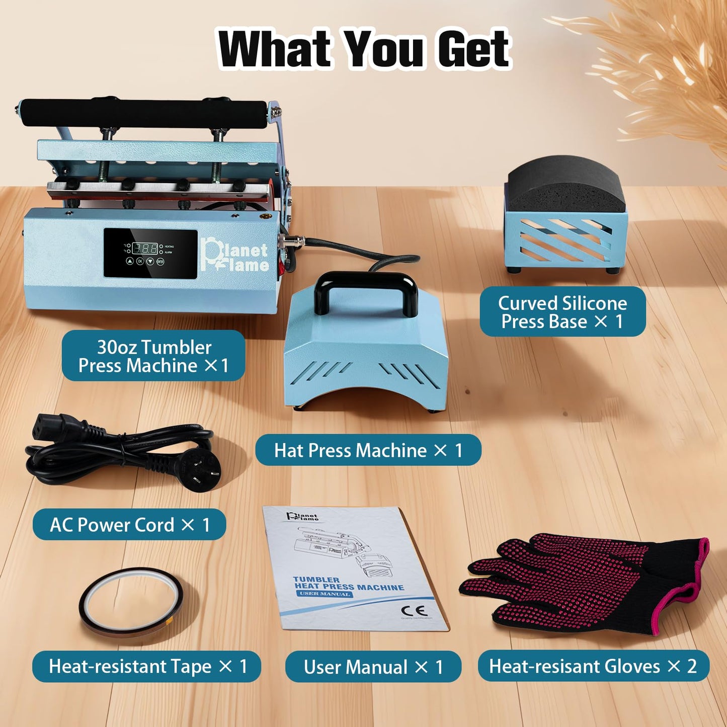 PlanetFlame Tumbler and Hat Heat Press Machine, 2-in-1 Combo Machine for Cup and Cap with Gloves and High Temp Heat Resistant Tape for 11oz-30oz Sublimation Tumbler and All Caps, Blue