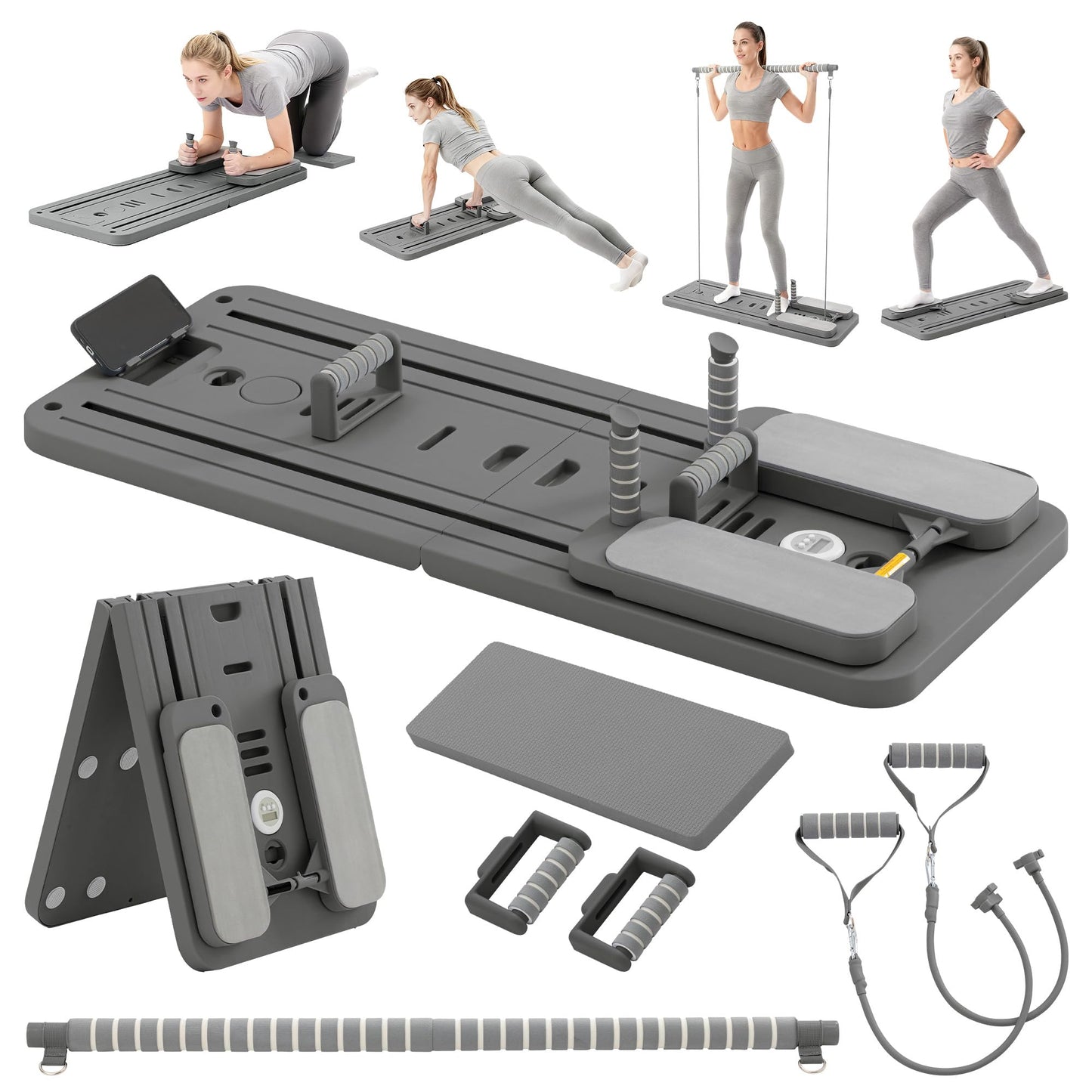 COSIEST Pilates Board for Home Use, Foldable Pilates Reformer Set with Resistance Bands, All-in-One Professional Workout Fitness Equipment for Core, Abs, Glutes, Legs, Butt, Arms Toning (Dark Grey)