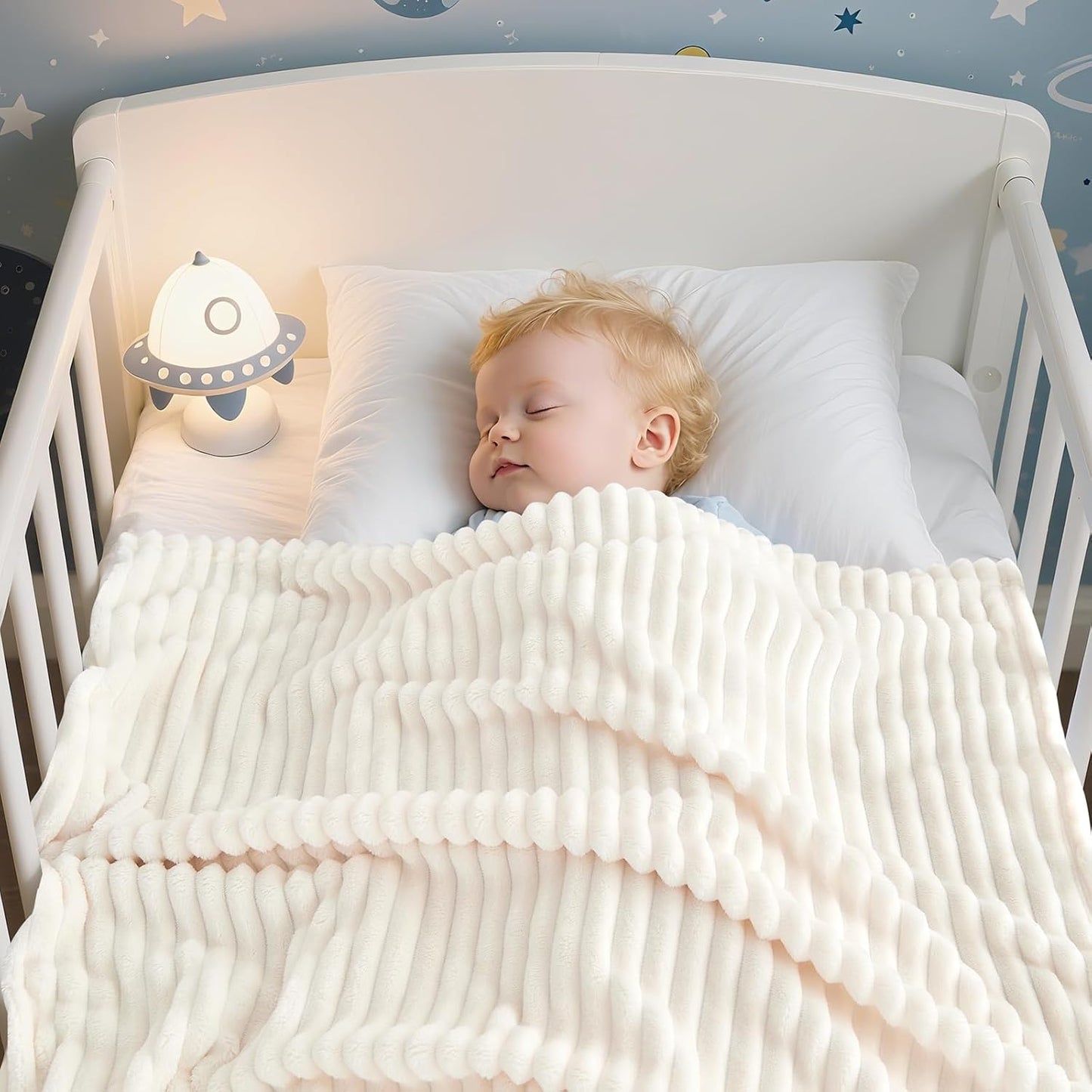 Skiennix Soft Fleece Baby Blanket - Ultra Cozy & Lightweight Reversible Stripes | 30x40 Inch, Cream