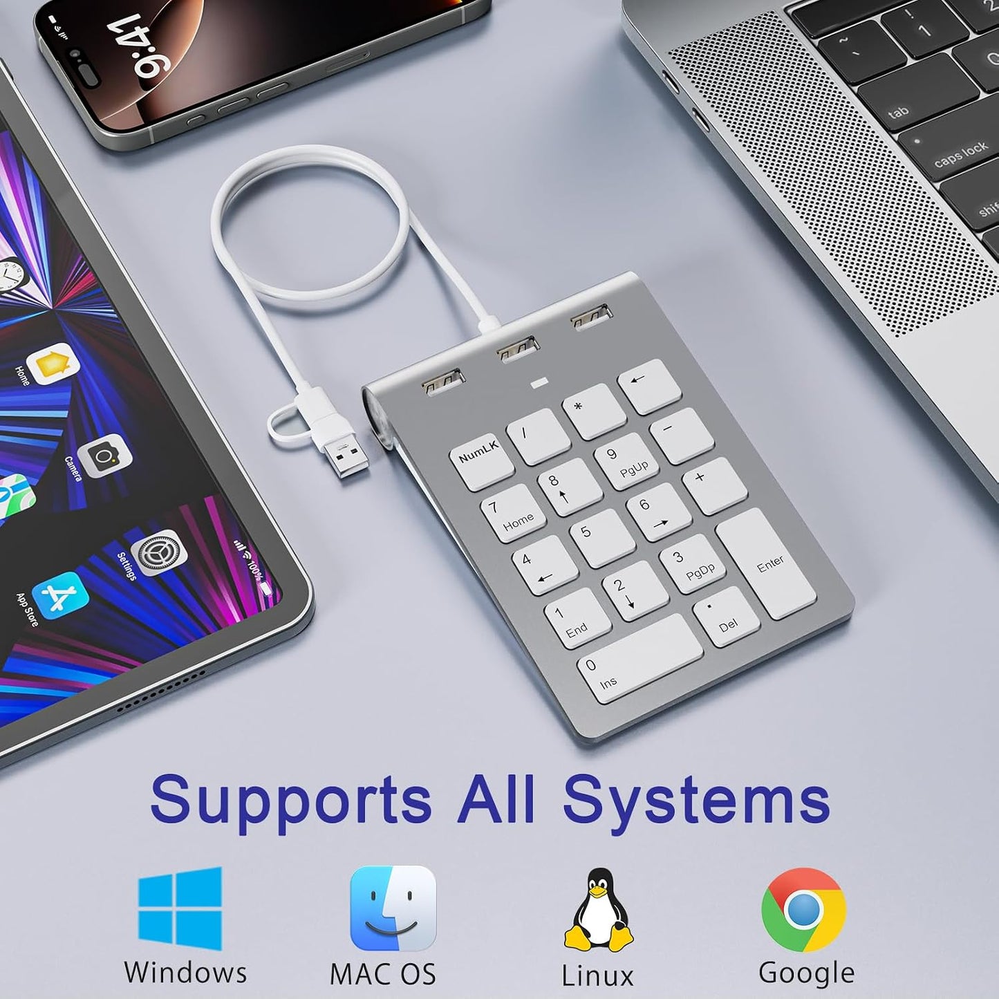 Bawanfa Plus 3 2.0 18 USB C Wired Number Pad, USB Numeric Keypad with USB Ports, Key Number Pad Portable Slim Mini