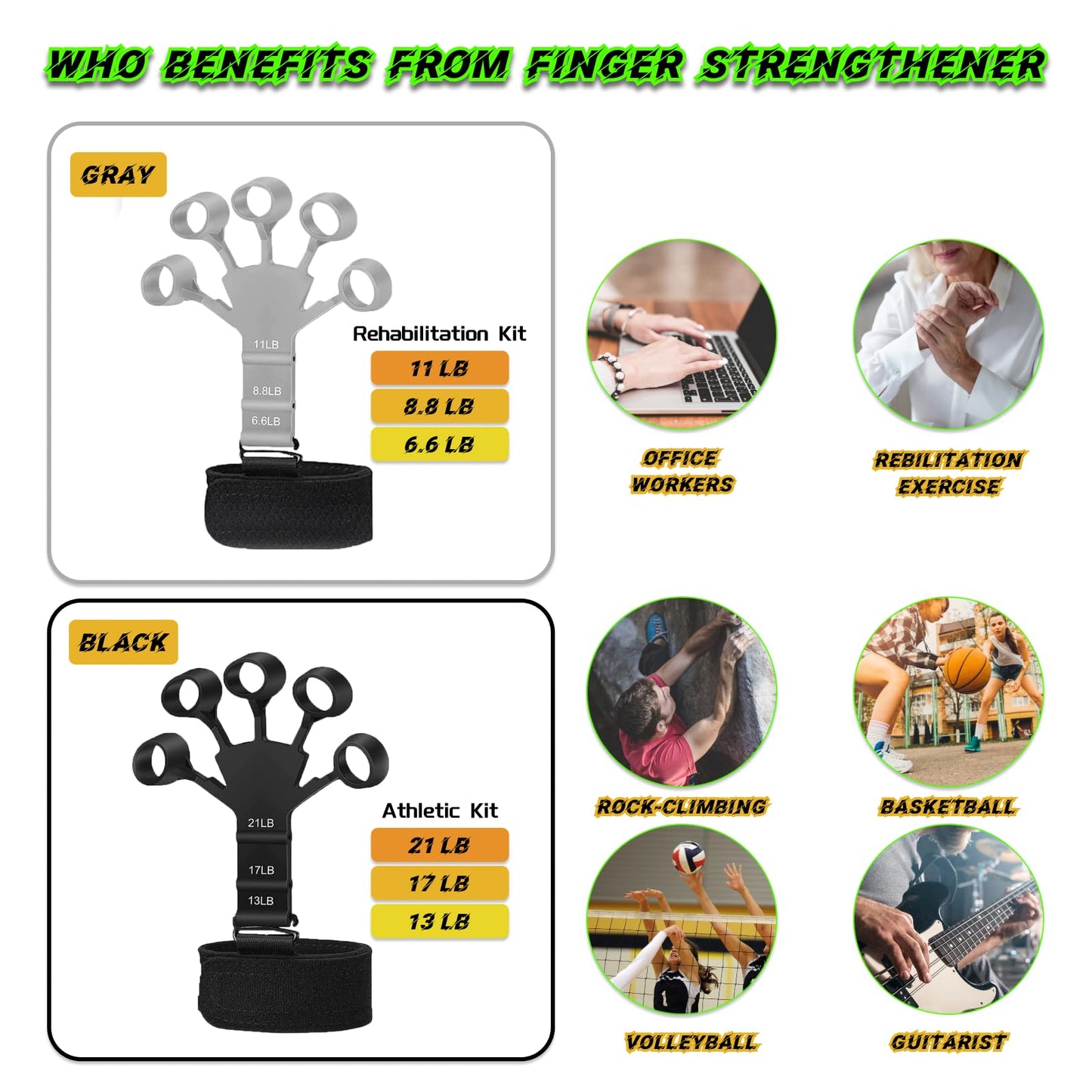 Kairsya Finger Stretcher & Hand Strengthener - 2Pcs Adjustable Finger Resistance Bands for Guitarists, Climbers, Typists, Gamers, Forearm & Hand Strength Training Wrist Exerciser (Black+Grey)