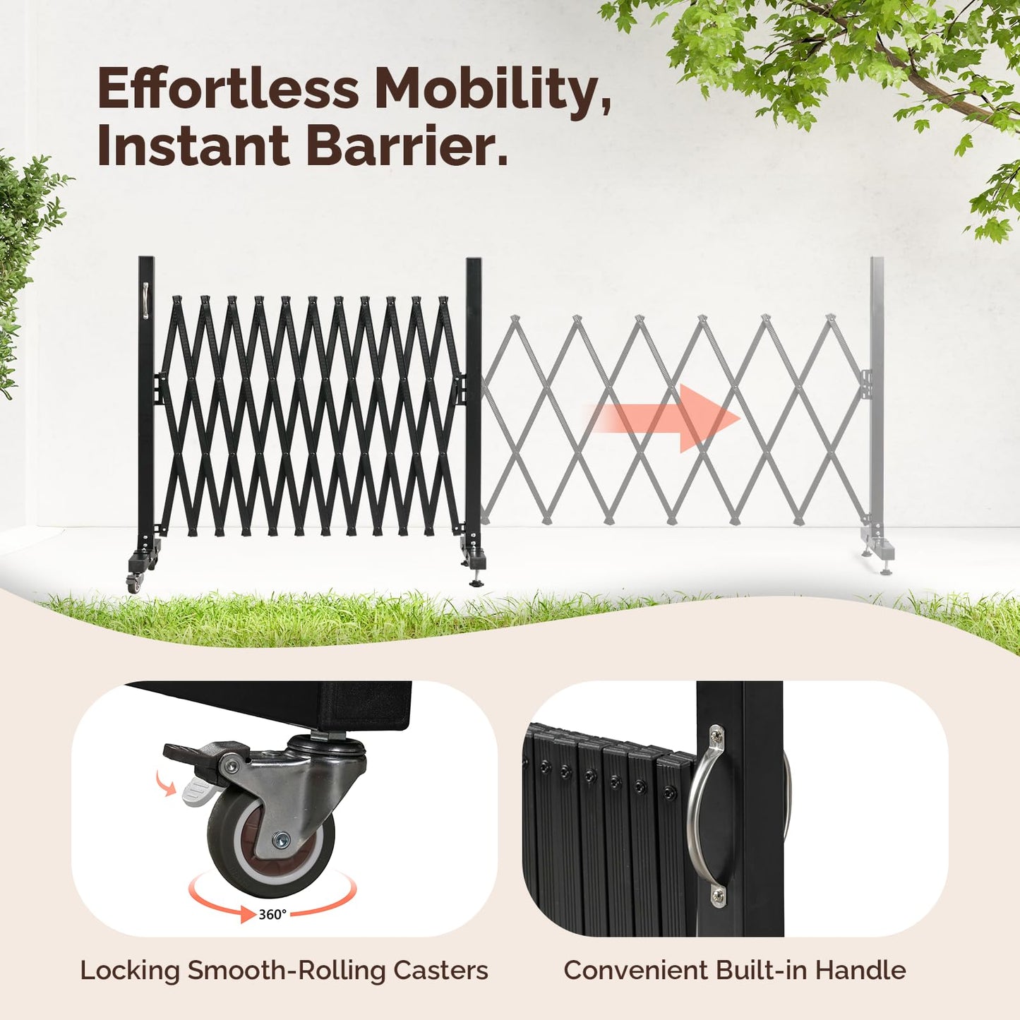 VINGLI 11.5ft Expandable Garden Fence with Casters, Aluminum Retractable Barricade Gate, Adjustable Safety Gate, Pet Barrier for Patio, Garage, Driveway, Crowd Control (Black)