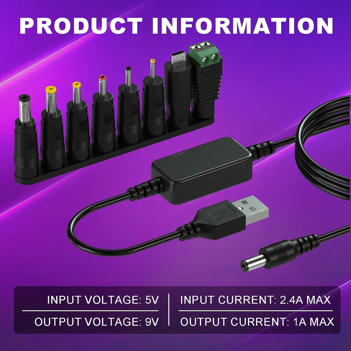 DROK 9v 5v 9v 1.1m/3.6FT 8 USB to Adapter - to Boost Converter, USB to DC Power Cable Step Up Converter with DC Plug
