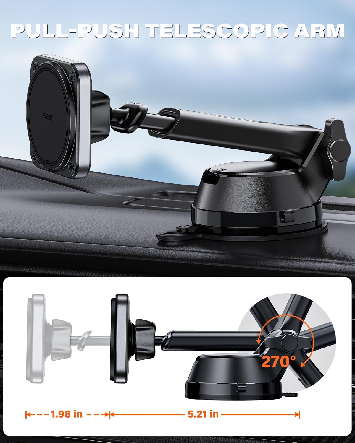 APPS2Car N55 12-17 Heavy Duty Magnetic Car Mount with Gel Suction Cup Industrial Magnetic Hold, Adjustable Telescopic