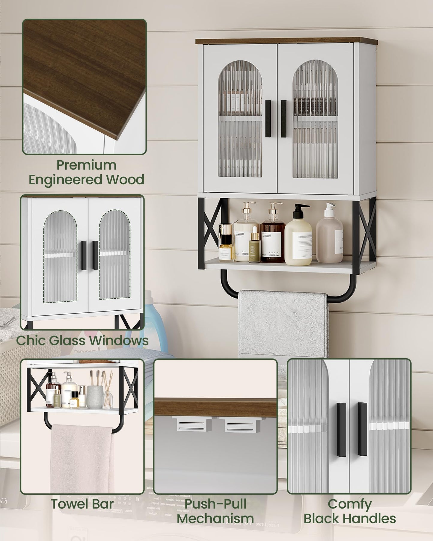 CHOEZON Bathroom Wall Cabinet, Medicine Cabinet with Adjustable Shelf and Towel Bar, Storage Cabinet Wall Mount with 2 Glass Doors, for Bathroom, Kitchen, Living Room, Dining Room, White and Walnut