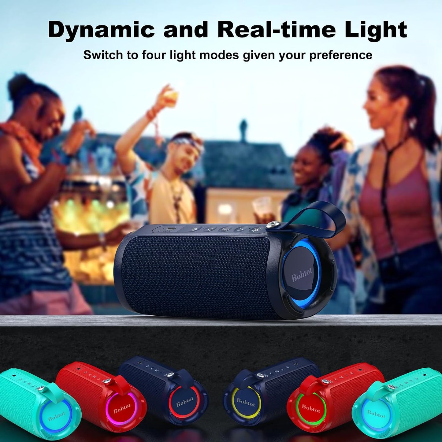 Bobtot IPX6 15W 15H Portable Bluetooth Speaker, Waterproof Speaker with Punchy Bass, Loud Sound, RGB, Playtime, Dual