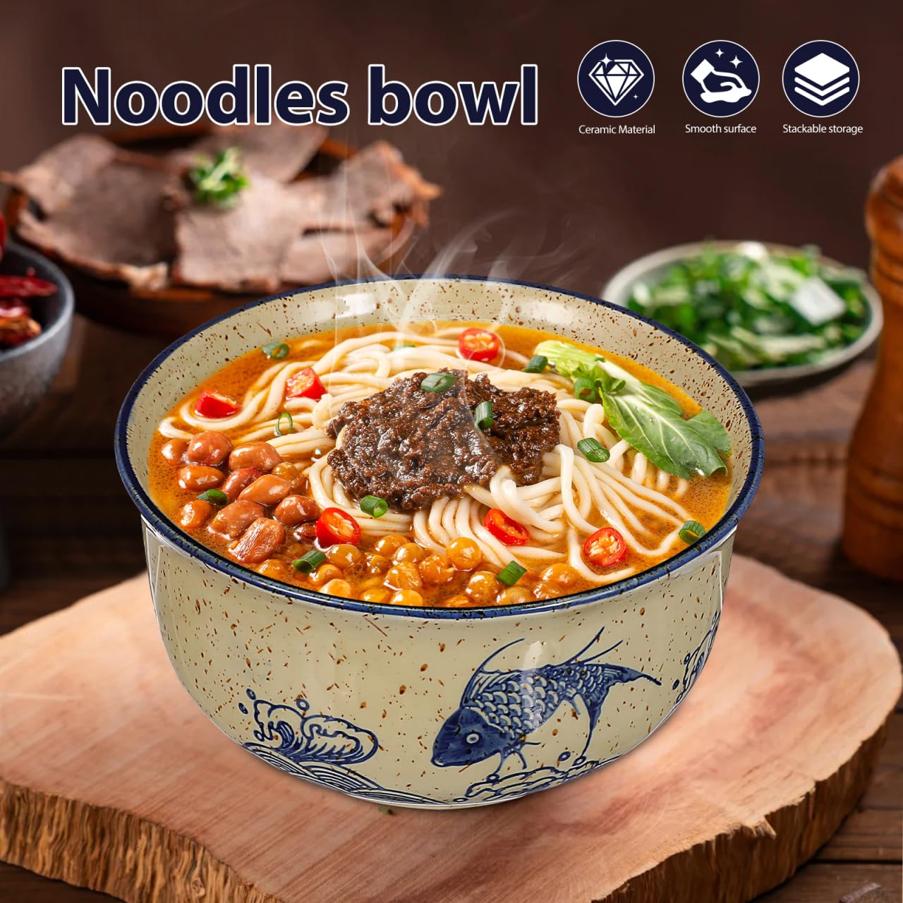 CALLARON 26 oz Ceramic Ramen Bowl, Japanese Noodle Bowls Set of 2, Large Soup Bowl with Lid, Spoons and Chopsticks, Vintage Ramen Dish for Pho, Udon, Noodles, 6 inch, Microwave Dishwasher Safe