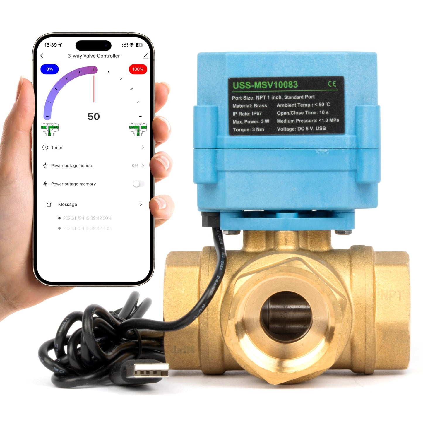 Motorized Ball Valve 1 in NPT U.S. Solid 3 Way Brass WiFi Smart Electric Valve USB Powered with LED Status Indicator and Flow Direction Window