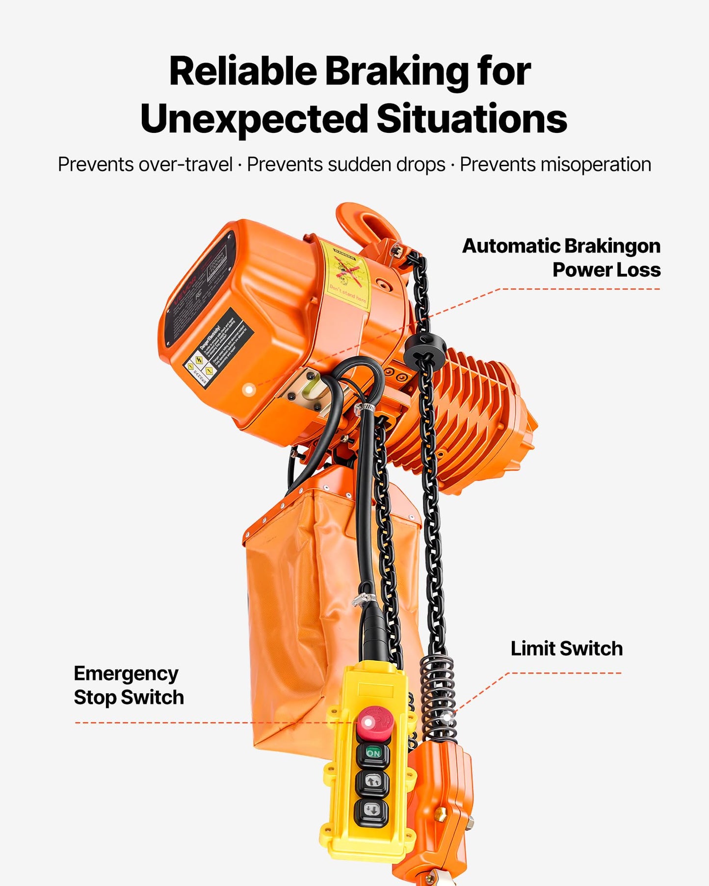VEVOR 2200 lbs Electric Chain Hoist 2-Speed, 20 ft Lifting Height, 3-Phase 480V Overhead Crane with 328 ft Wireless & 15 ft Wired Remote Control, G80 2-Chain Hoist for Factory, Warehous, Garage