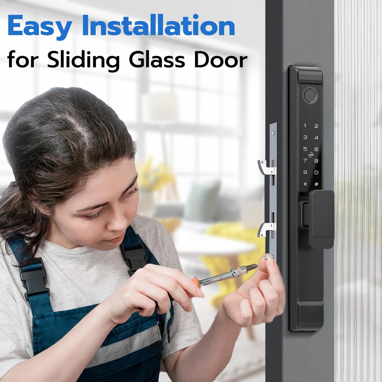 Sliding Glass Door Lock, Dhiedas Sliding Door Smart Lock with Fingerprint RFID Keypad Bluetooth App Electronic Digital Biometric Safety Patio Door Double Hook Slim Mortise Lock Set with Handle