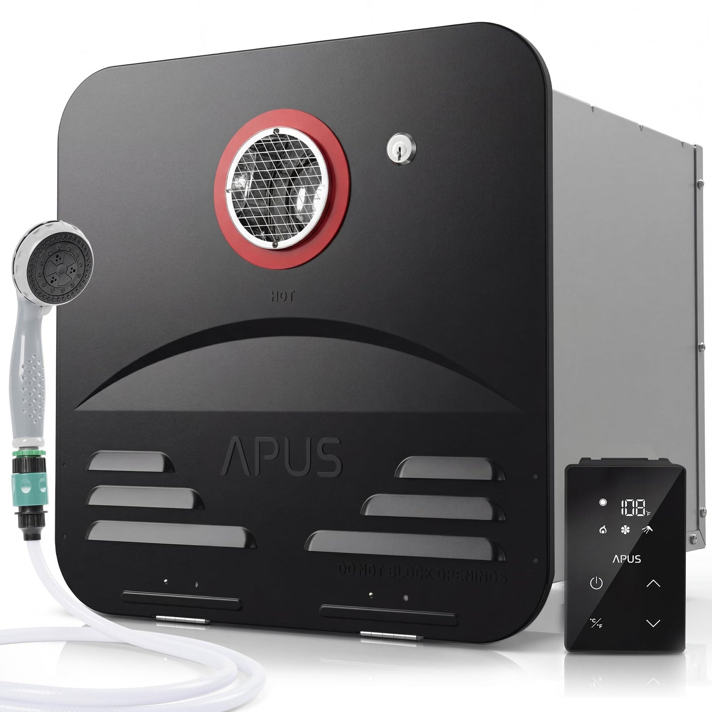 APUS RV Tankless Water Heater, 68,000 BTU Propane Gas On Demand Hot Water with Black Door&Remote, 12V, 3.9 GPM, High Altitude Ready, CSA Certified, Compatible with All RVs,Ideal for RV Family & Camper