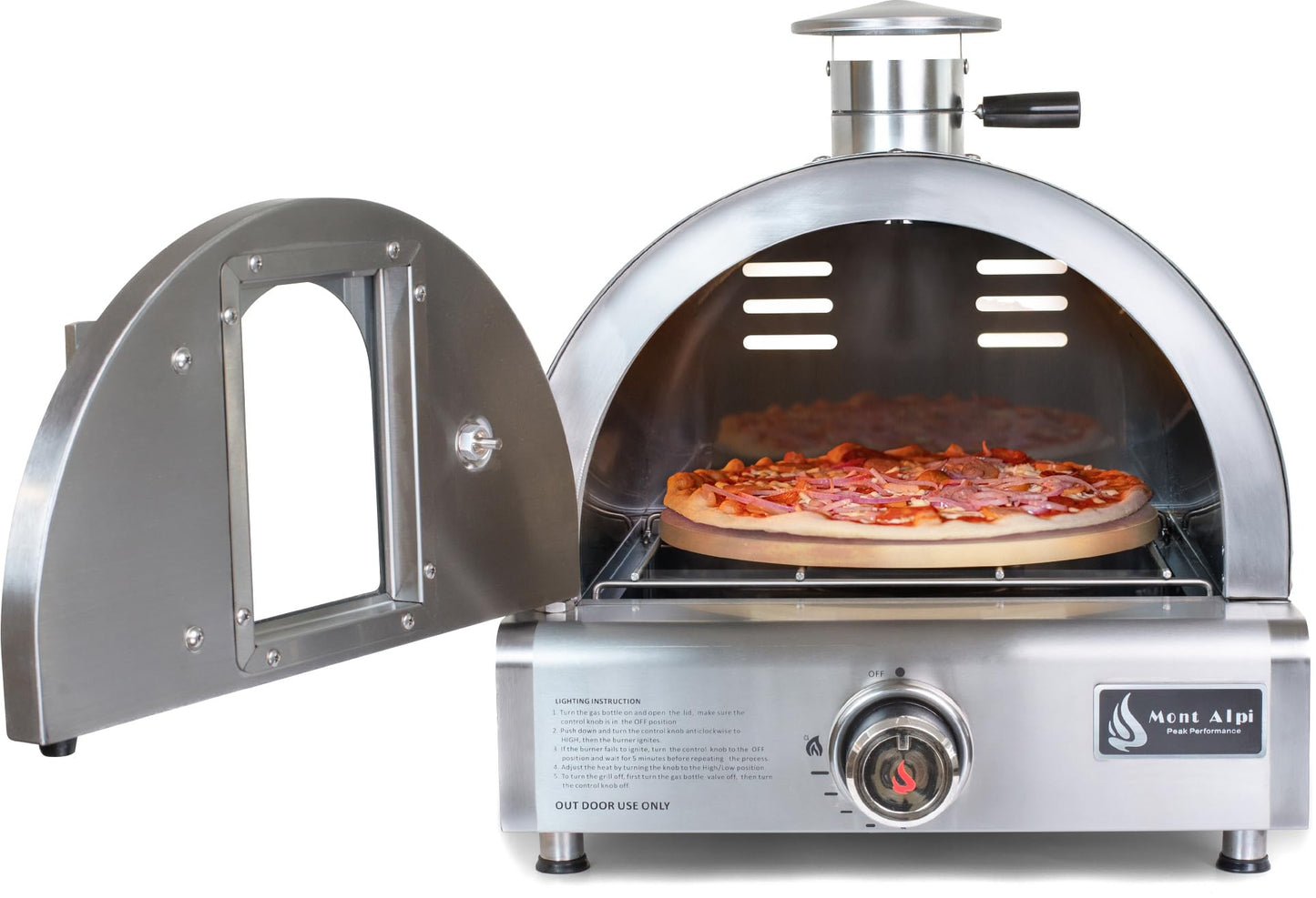 Mont Alpi 17"W x 18"D x 19"H Stainless Steel Premium Outdoor Kitchen Countertop Table Top Portable Propane Gas Pizza Oven with Grease Tray + 12" Pizza Stone - Great for Camping Backyard and Tailgating