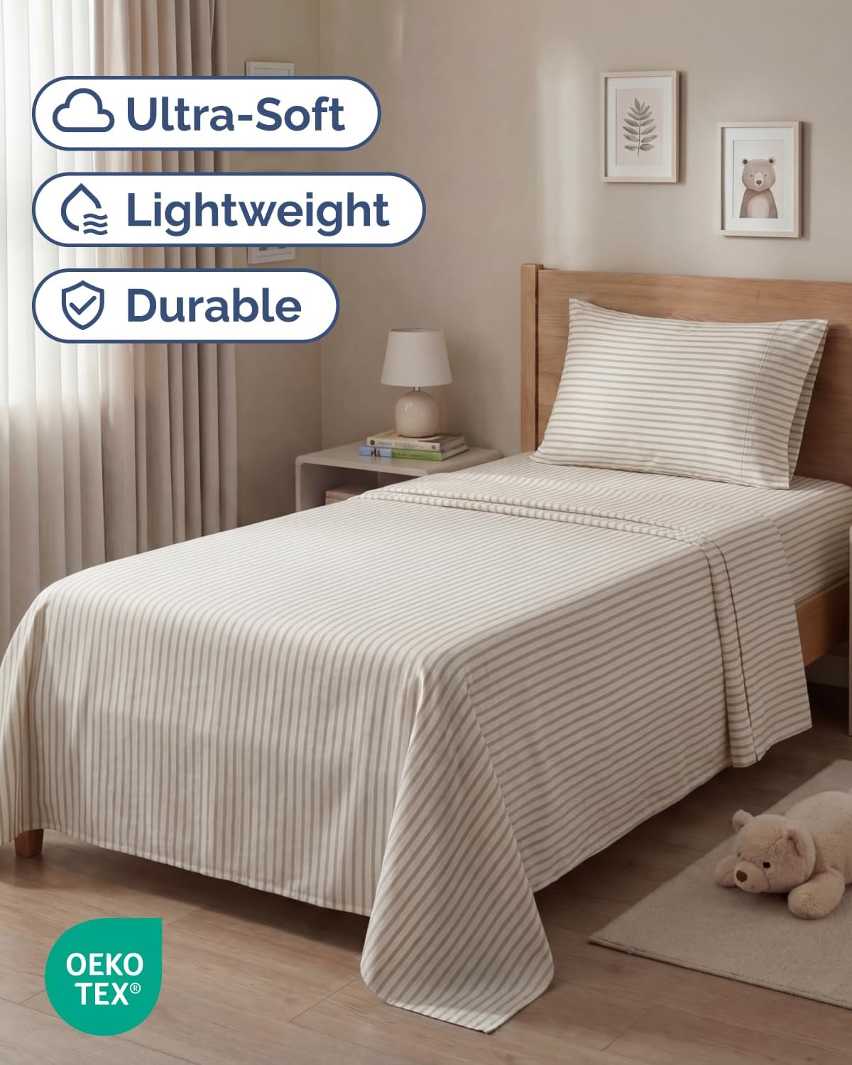 Skiennix Twin Size Sheet Set - Comfy Cooling Bed Sheets - Luxury Bedding with Deep Pockets - Beige Stripes