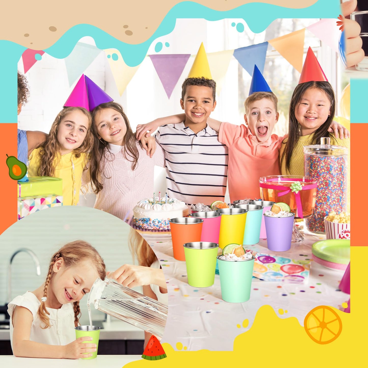 Singhoow 8 Pack Stainless Steel Cups for Kids 10 oz Colorful Toddler Tumbler with Silicone Sleeves Unbreakable Stackable Rainbow Metal Cup Drinking Glass for Summer Party Spring Camping Beach Outdoor