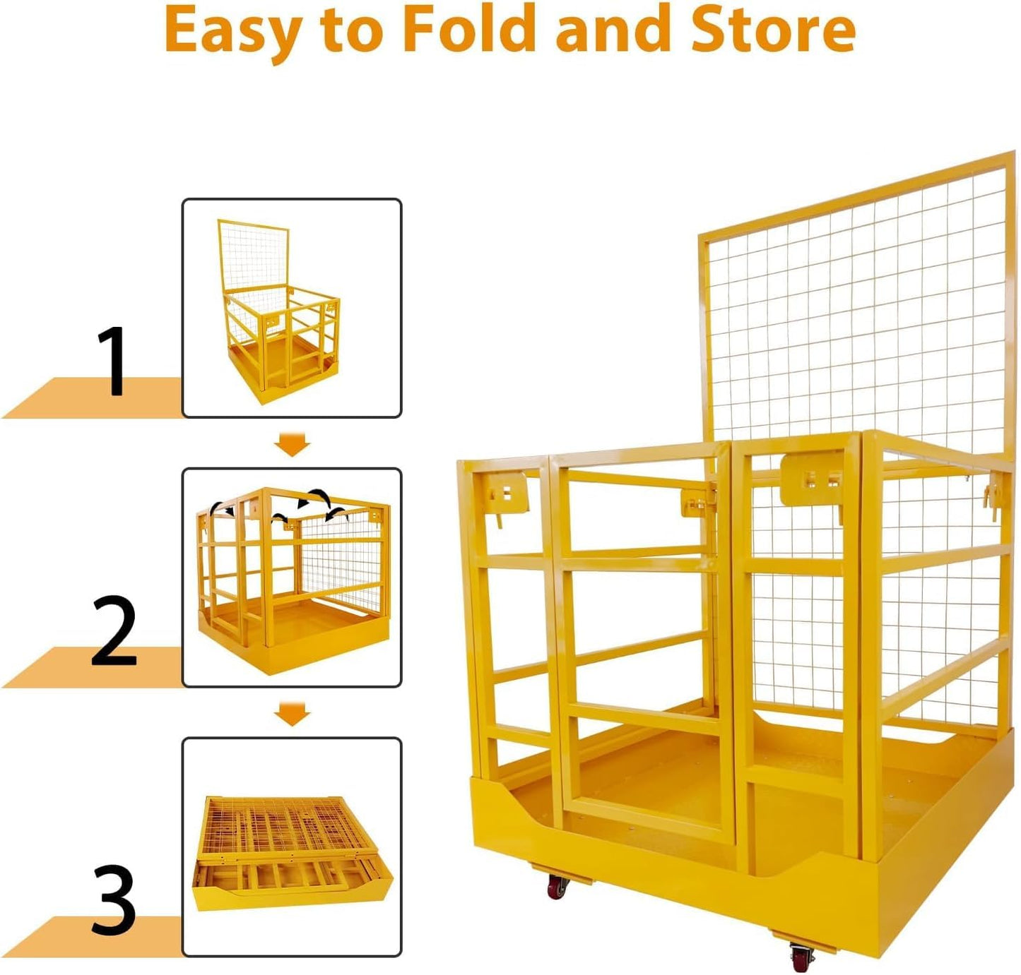 43"x45" Forklift Platform Safety Cage,Work Platform for Loader,Man Basket for Forklift,1800lbs Capacity with Safety Harness & Lock,2-Man Collapsible Lift Basket for Lifting Loader (Yellow W/Wheels)