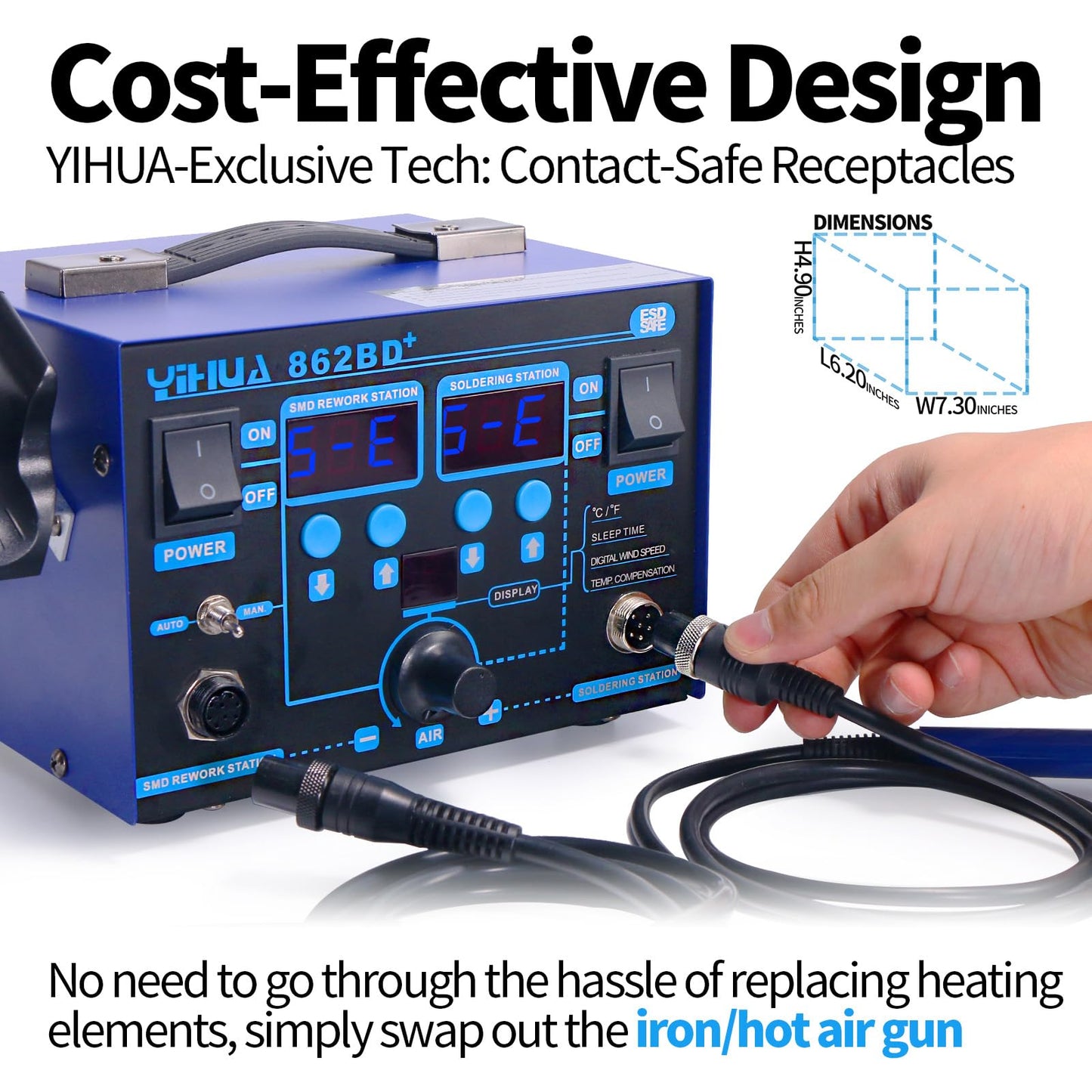 YIHUA 862BD+ SMD ESD Safe 2 in 1 Soldering Iron Hot Air Rework Station °F /°C with Multiple Functions