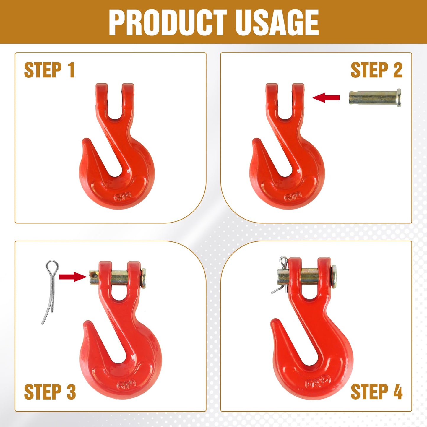 1/4" Clevis Grab Hooks 4 Pack – Heavy Duty G70 Hooks for 1/4" Chain, Red Powder Coated Forged Steel, for Truck, Trailer, Flatbed, Tow, Farm Use – 3,600 lbs WLL