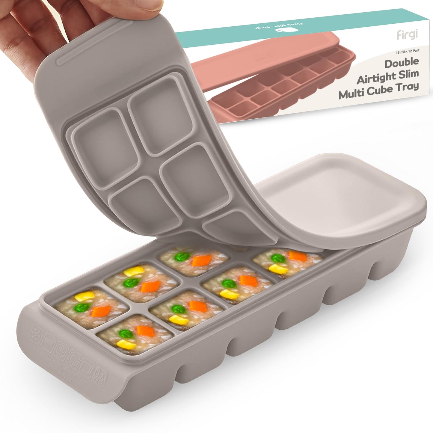 Firgi 0.7 oz/12 Sections Silicone Ice Cube Freezer Tray with Lid, 100% Food-Grade Platinum Silicone,Leak Resistance & Dishwasher Safe for Baby Food Prep,Breast Milk,Purees - Korean Made, Gray