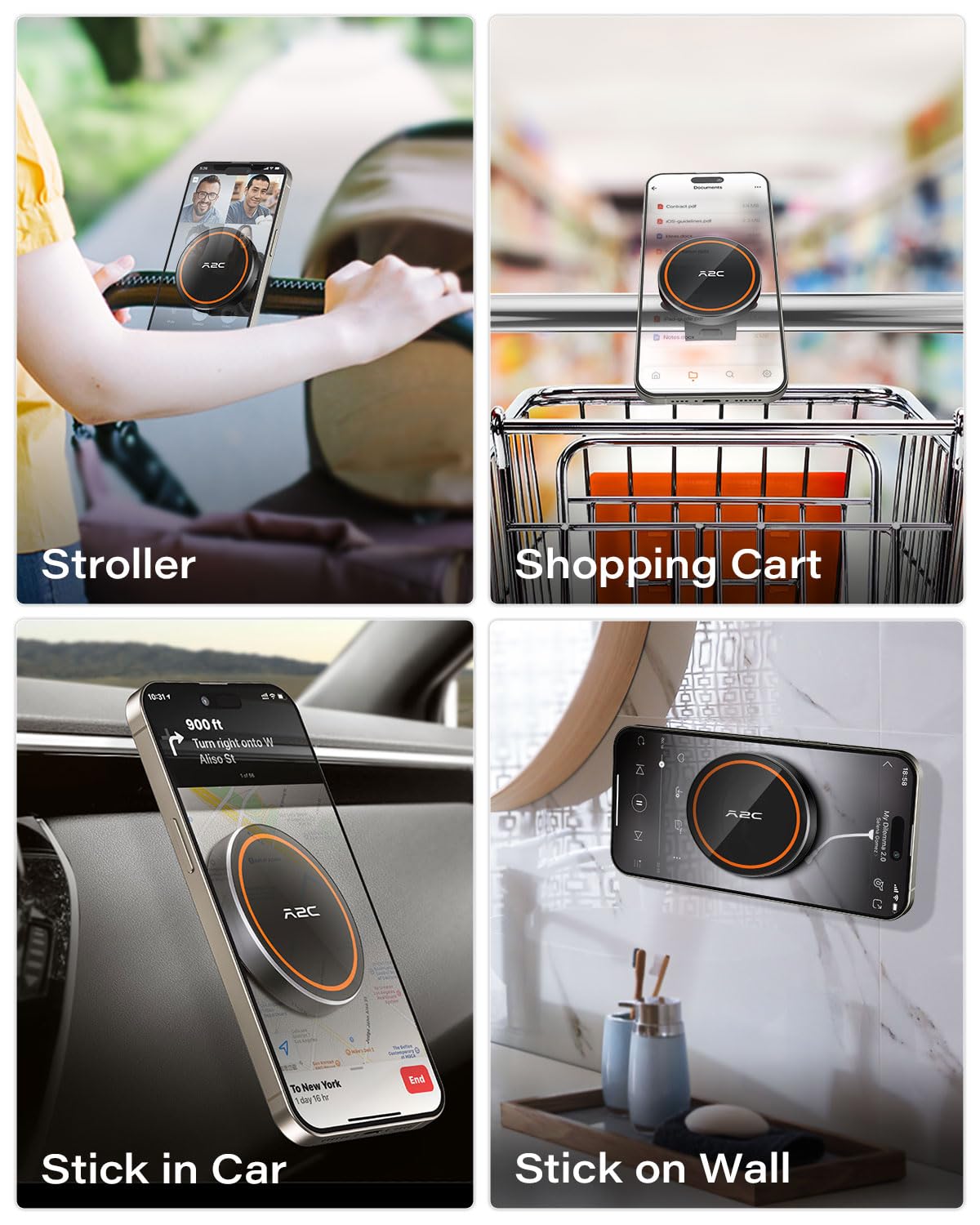 A2C Gym Fitness Phone Mount for MagSafe - 17 N54 Strong Magnets Stable and Secure Phone Mount with Adjustable Strap, 3-in-1 Mount for Gym, Stroller, Golf Push Cart, Treadmill, Peloton Exercise Bikes
