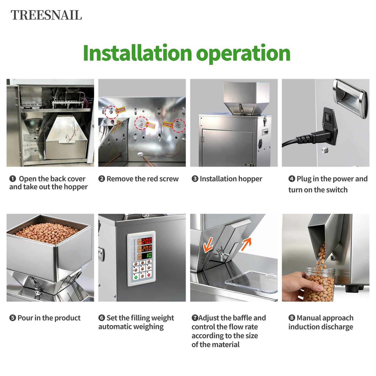 TREESNAIL 5-500g (0.011-1.1lbs) Powder Filling Machine, Automatic Intelligent Particle Weighing & Dispensing Filler for Tea, Coffee, Flour, Spices, Granules, 10-12 Packs/Min, 110V