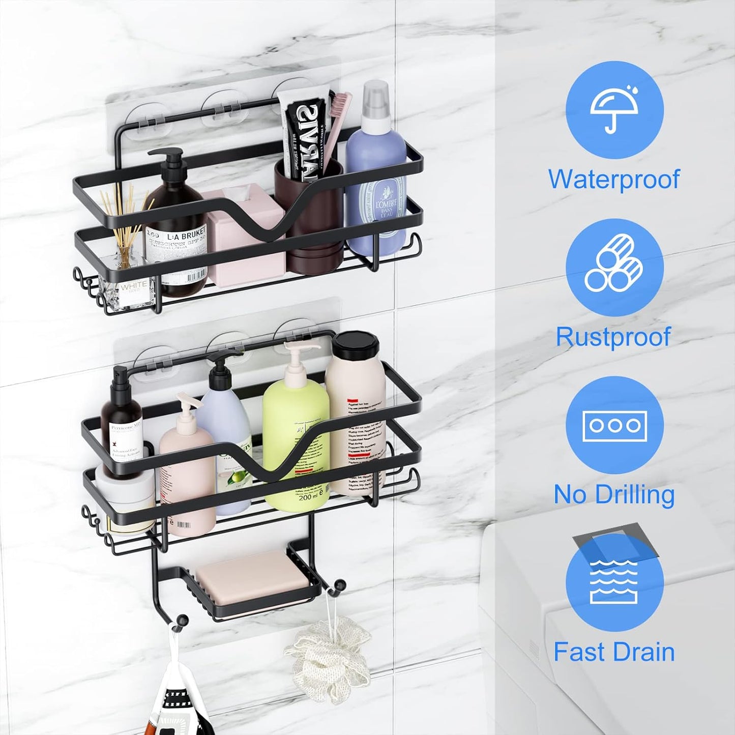 Regine Switzerland Shower Caddy 3 Pack - Rustproof No Drill Organizer with Soap Dish & Hooks | Black