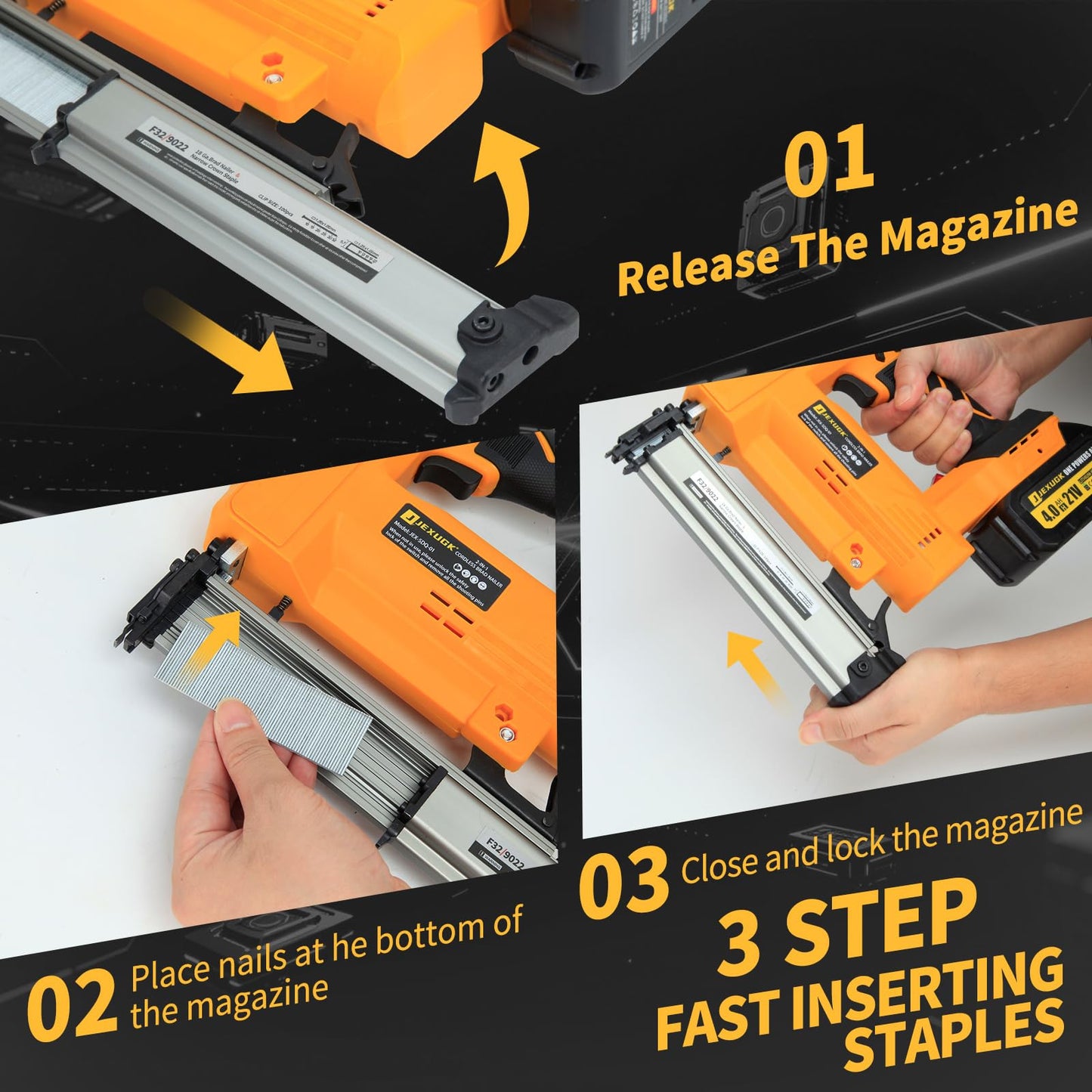 JEXUGK Cordless Brad Nailer, 18 GA Nail Gun Battery Powered with 2 x 4.0Ah Battery, 2 in 1 Electric Nail Gun with 1000 Brad Nails and 1000 Staples, Finish Nailer for Woodworking & Home Improvement