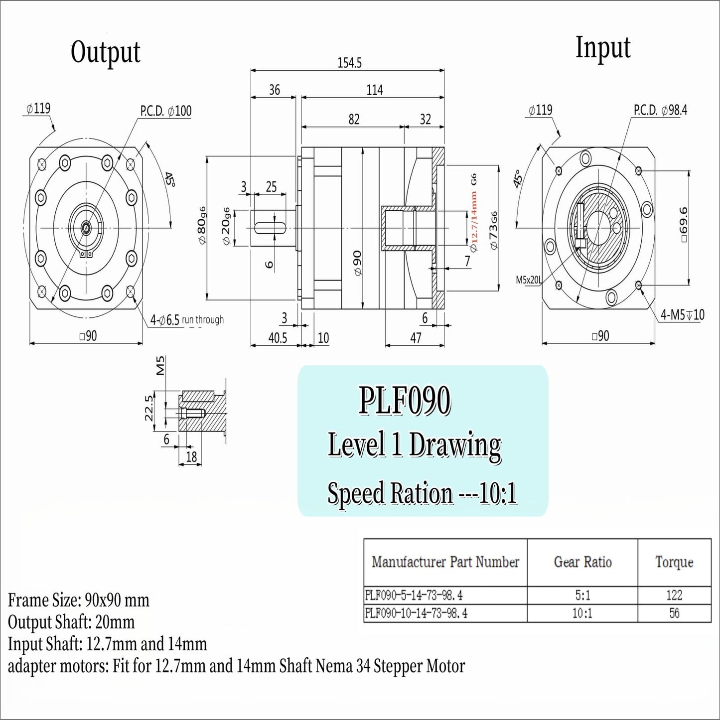Planetary Gearbox Speed Reducer Gear Head Ratio 10:1 with Nema 34 86mm Closed Loop Stepper Motor SP Easy Servo 4.5 Nm 14mm Shaft 4A 1000rpm and 20-80V AC Steping Driver Kit