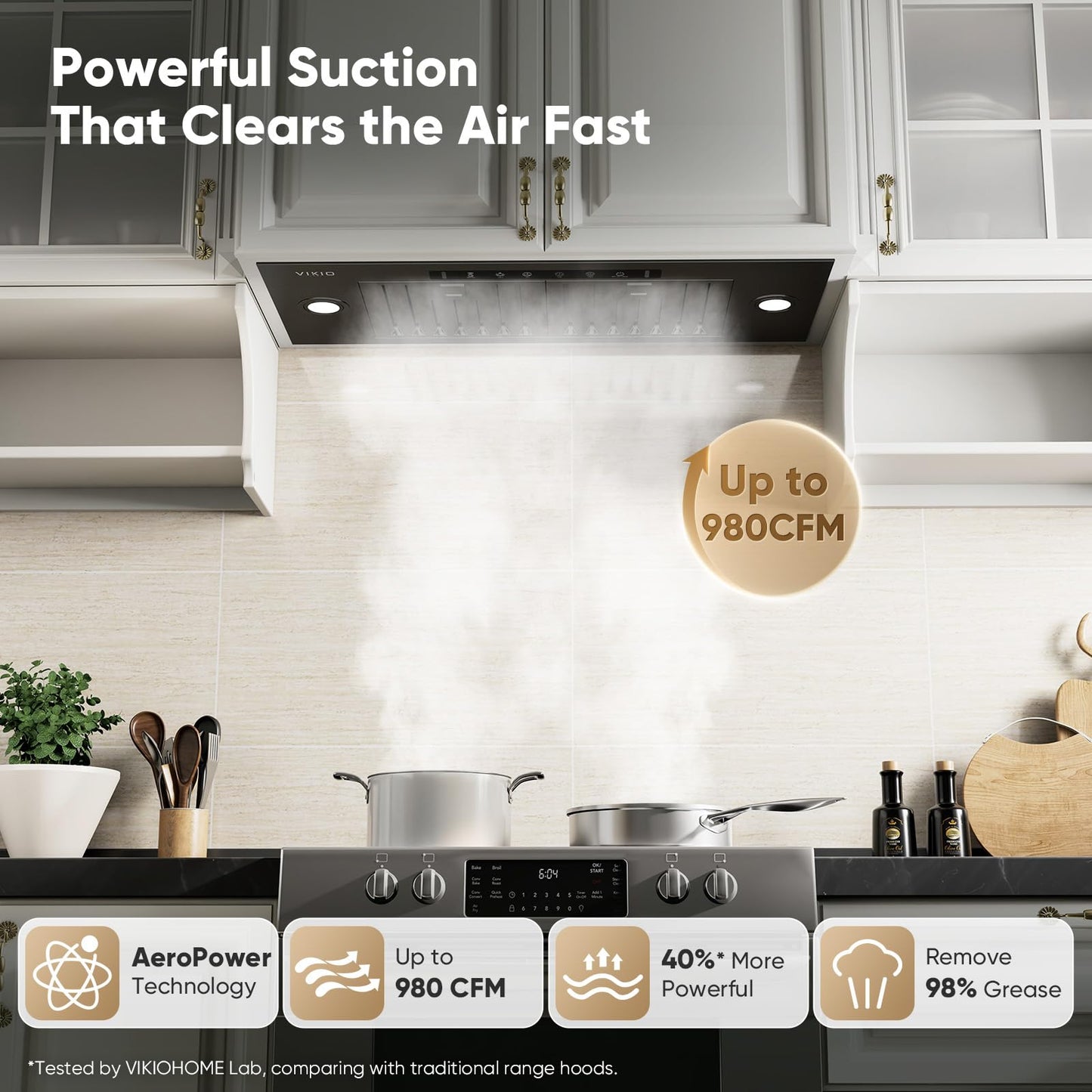 VIKIO HOME Black Built-in/Insert Range Hood 30 Inch, 980 CFM Hood Vent for Kitchen, Ducted/Ductless Convertible Duct, Stainless Steel Kitchen Vent Hood with Gesture & Touch Control, 2 Baffle Filters