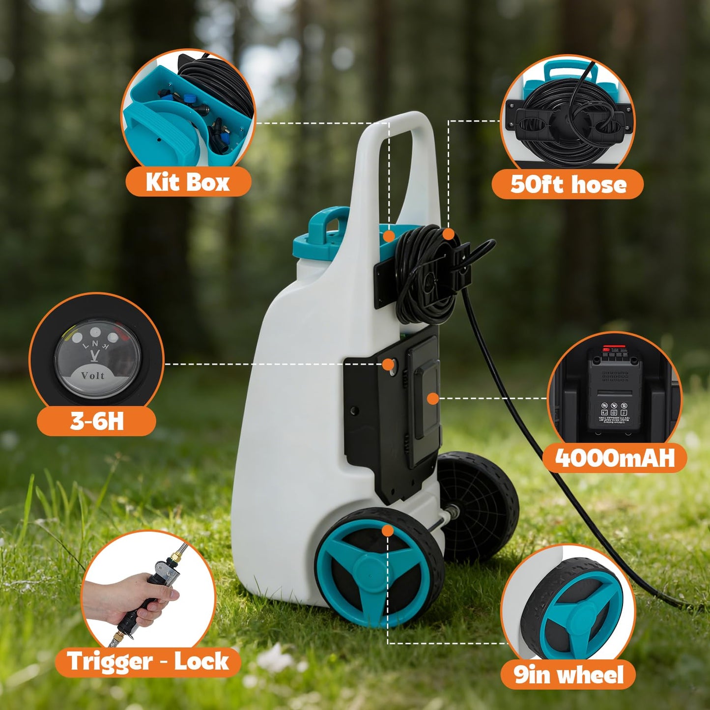 Garvee 13 Gallons Battery Powered Sprayer with Wheeled Cart, 18V 4Ah Electric Sprayer with 6 Nozzles & 2 Wands, 4-6 Hour Runtime, 80PSI Adjustable Pressure, Trigger Lock, Yard Sprayers for Lawn