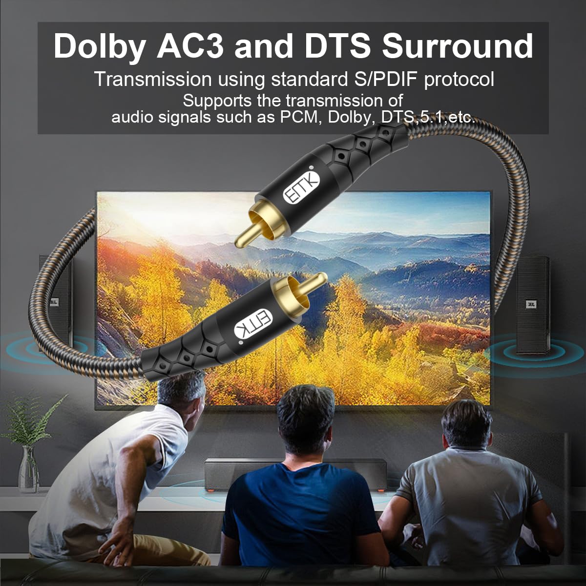 24K Black/15ft/5m EMK RCA to RCA Subwoofer Cable Gold-Plated Connector Nylon Braided Double Shielded Audio Cable