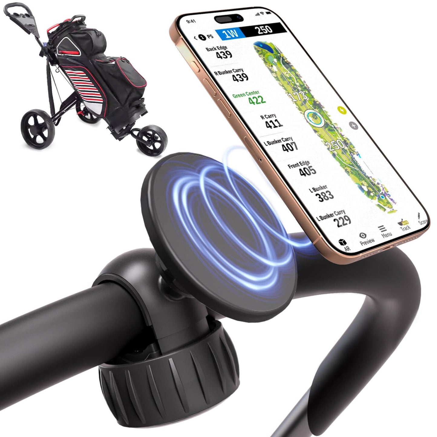 Magnetic Golf Push Cart Phone Holder MagSafe Hands-Free 360° Adjustable with Strong Magnets Phone Mount Compatible with Clicgear, Bag Boy, Sun Mountain, Golf Push Cart Accessories for All Cell Phones