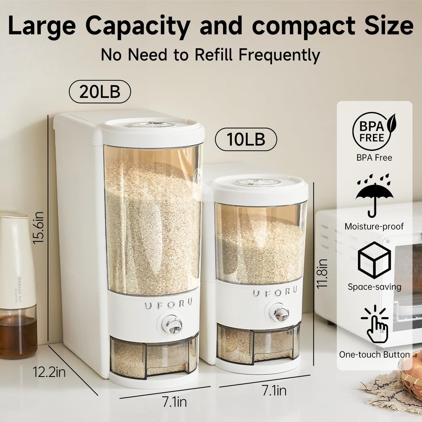 UFORU Rice Dispenser 20 lbs | Large Rice Storage Container for Kitchen&Pantry - Space-saving, Moisture & Pest-proof, BPA-Free - Dry Food Dispenser with One-Touch Dispenser & Measuring Cup for Families