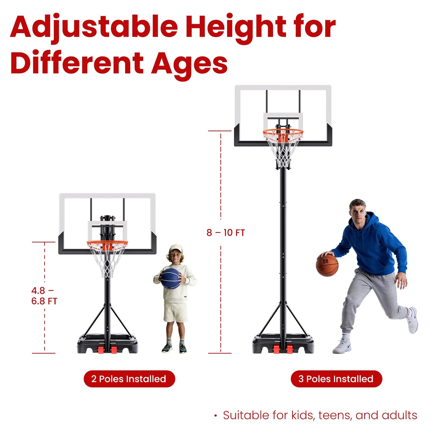Feelwin Basketball Hoop for Kids Youth Adults, Portable Adjustable Height Basketball Goal with Wheels for Driveway Backyard Outdoor Play