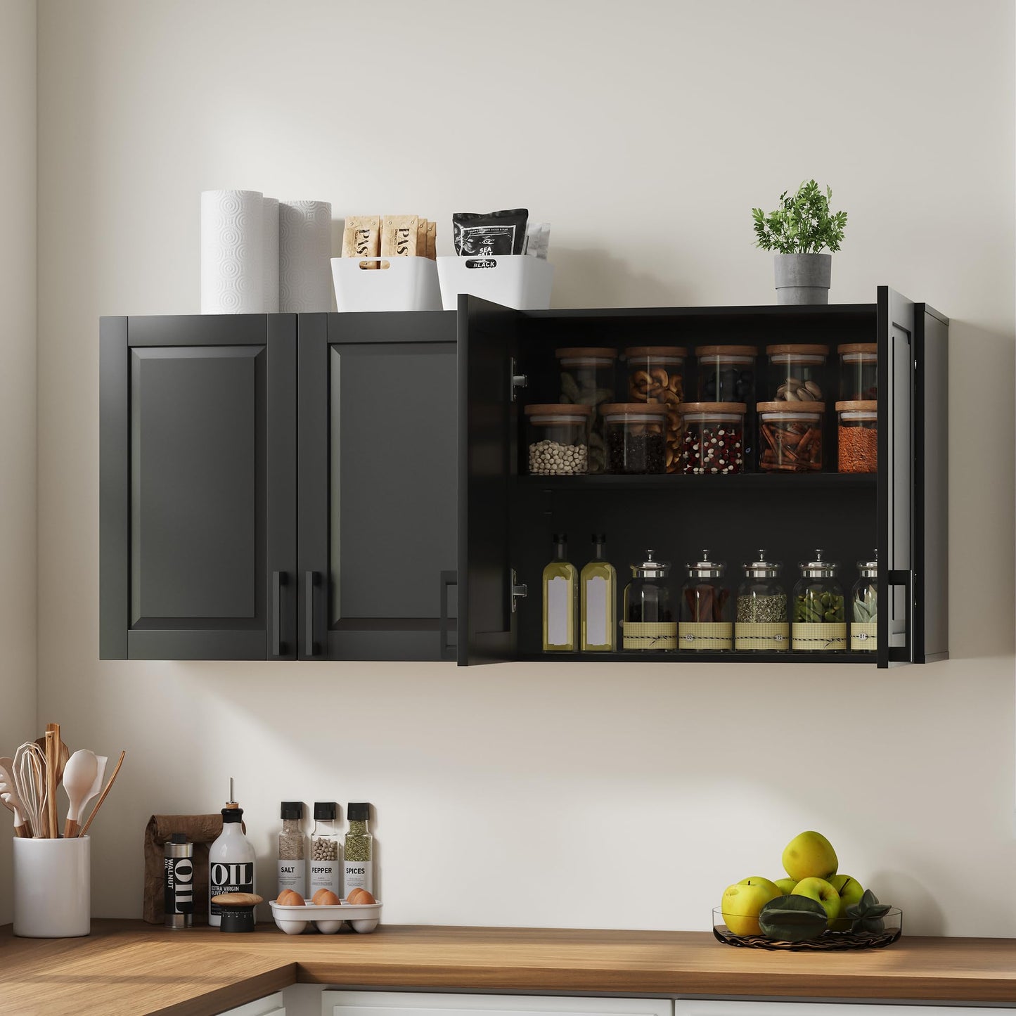 ChooChoo Laundry Room Cabinets, 4 Doors Wall Mounted Storage Cabinet, Kitchen Wall Storage, Bathroom Wall Cabinet, Black