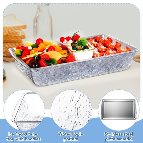 Baderke 3 Set 16" x 9'' Chilled Serving Tray for Parties with Compartments Rectangle Serving Dish Ice Charcuterie Party Platter for Shrimp Fruit Seafood Vegetable Appetizer (Silver)