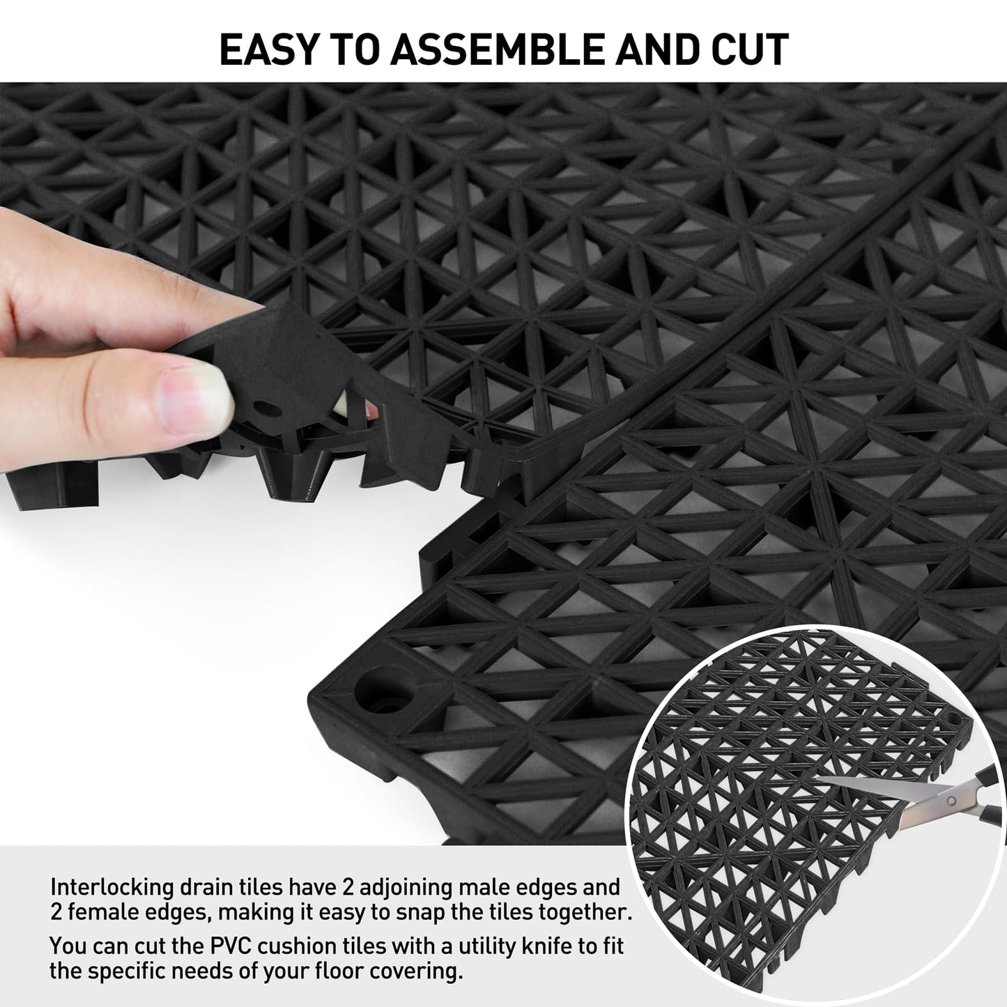MAXWAVE 18 Pack 12" x 12" Modular Interlocking Floor Mats, Soft PVC Non-Slip Drainage Tiles, Splicing Rubber Cushion Flooring for Deck, Shower, Pool, Basement, Shed, Indoor and Outdoor Use