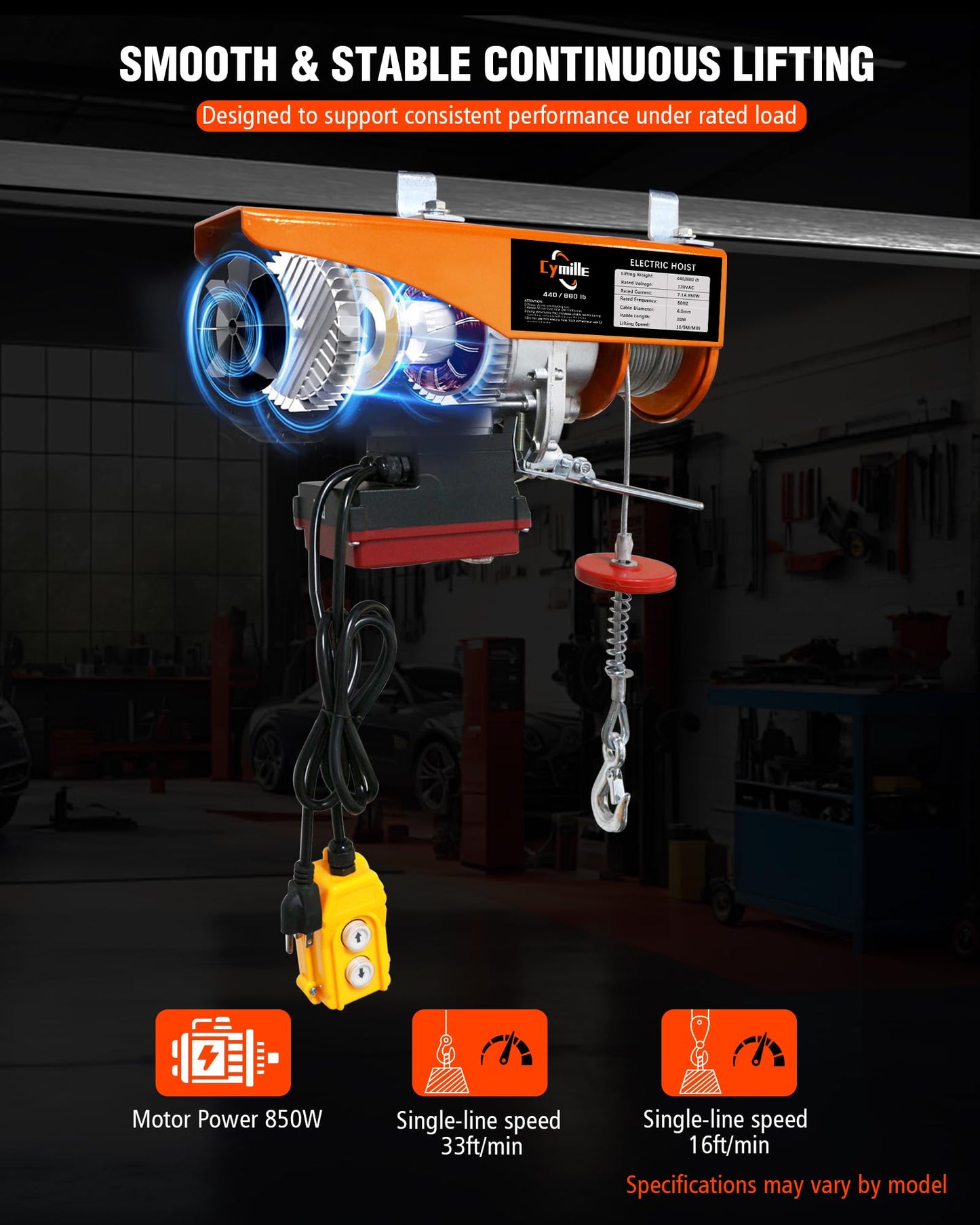 880 lbs Electric Hoist, 2 in 1 Wireless/Wired Remote Control, 110V/120V Electric Hoist Winch, 16ft/33 ft/min Speed, 65.6 ft Height for Garage, Attic, Warehouse, Factory, Construction Site