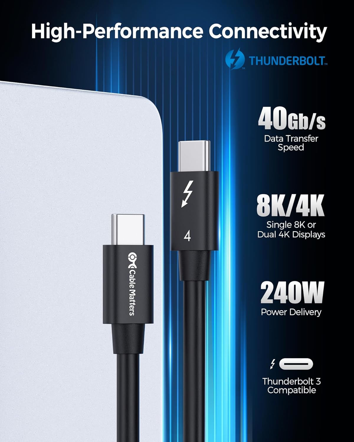 40Gbps 4 2.6ft 8K 240W 0.8m, USB4, 3 Cable Matters [Intel Certified] Thunderbolt Cable with Video and Charging