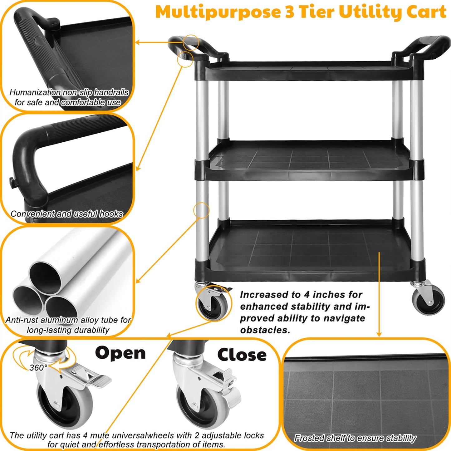 RAYFARMO Utility Carts with Wheels, Large Size 3 Tier Rolling Cart with Lockable Wheels, Heavy Duty 600lbs Capacity Food Service Cart for Restaurant, Kitchen, Home, Warehouse, Office