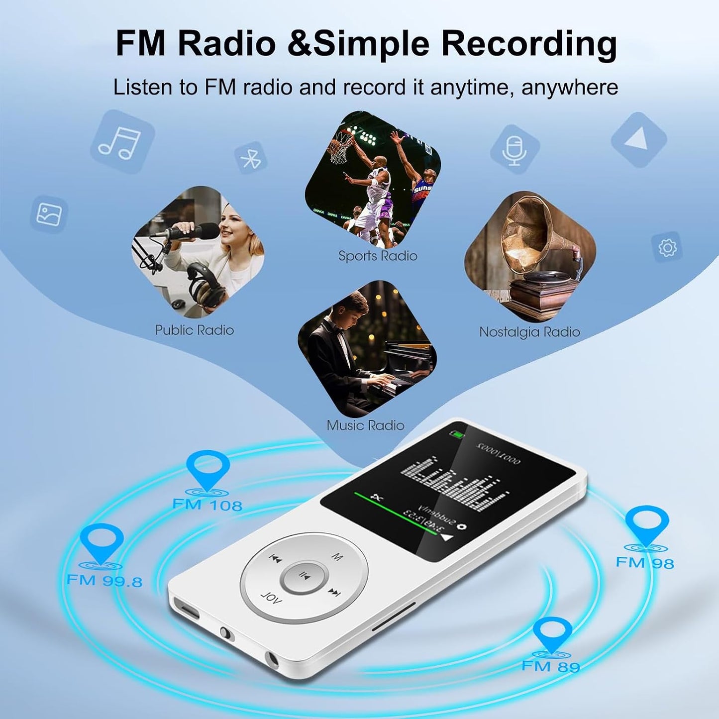 Wodgreat MP3 5.0, 1.8 inch 128GB(White, 32GB) Player with Bluetooth Screen Portable Music Player with HD Speaker, HiFi
