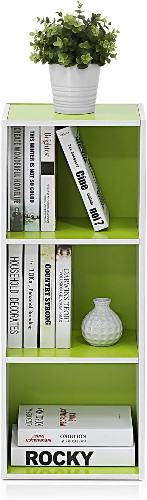 Furinno LUDER 3-Cube Bookshelf - Easy Assembly Bookcase for Living Room, Bedroom, Home Office | White/Green