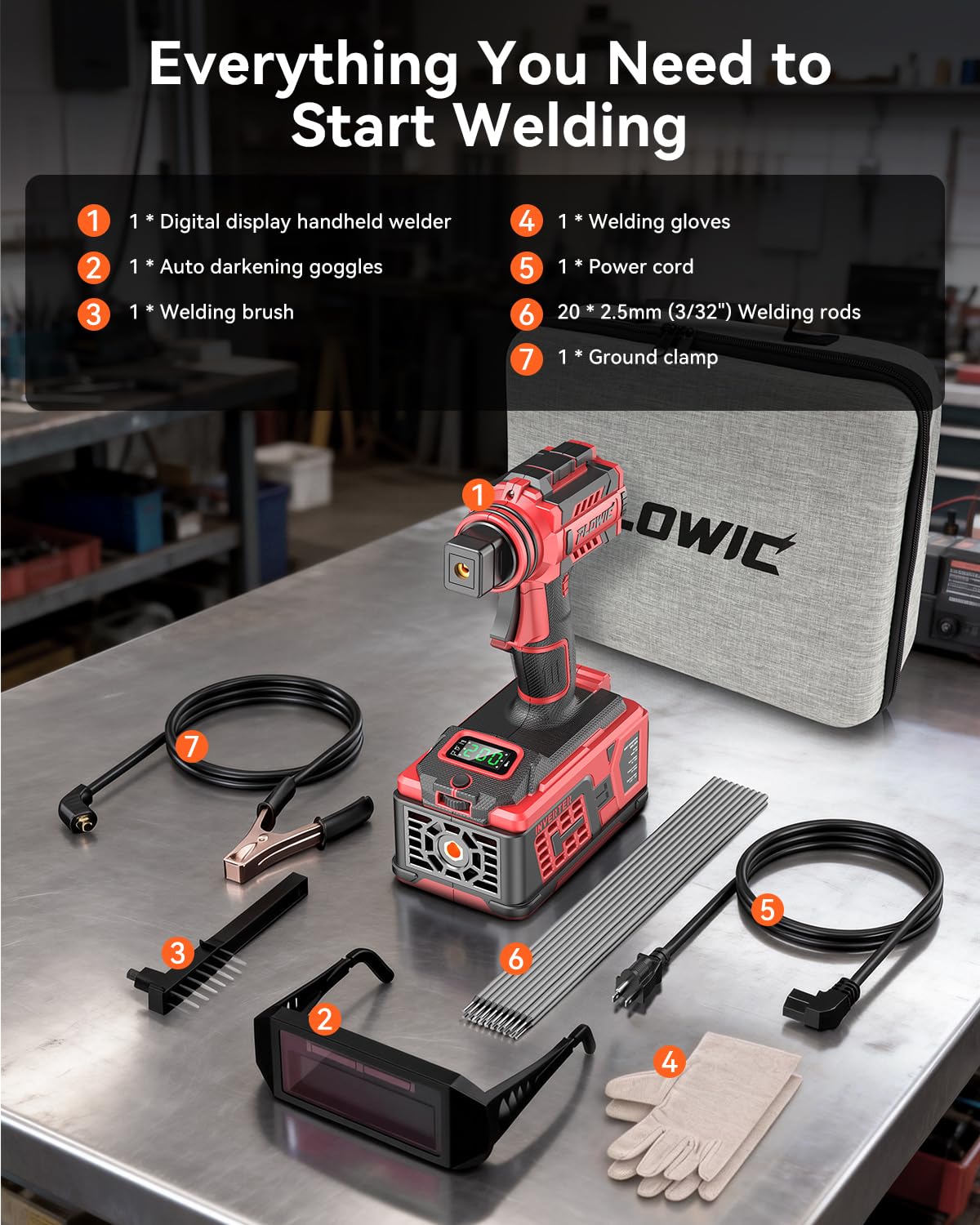PLOWIC Portable Welding Machine:【2026 Upgraded】110V Handheld Welder with Balanced Design, LCD Display & 3 Modes (MMA/Hot Start/Arc Force), 200A IGBT Inverter ARC Welder Gun Fits 1/16"-1/8" Rods, Red