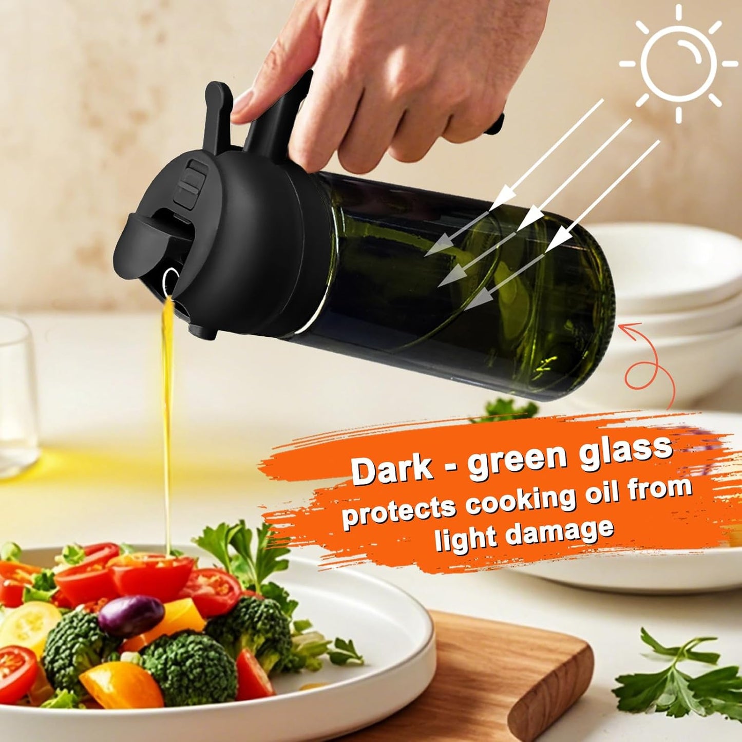 Skiennix 2-in-1 Glass Oil Sprayer & Dispenser - 16oz Olive Oil Bottle for Cooking & Salad | White & Dark Green