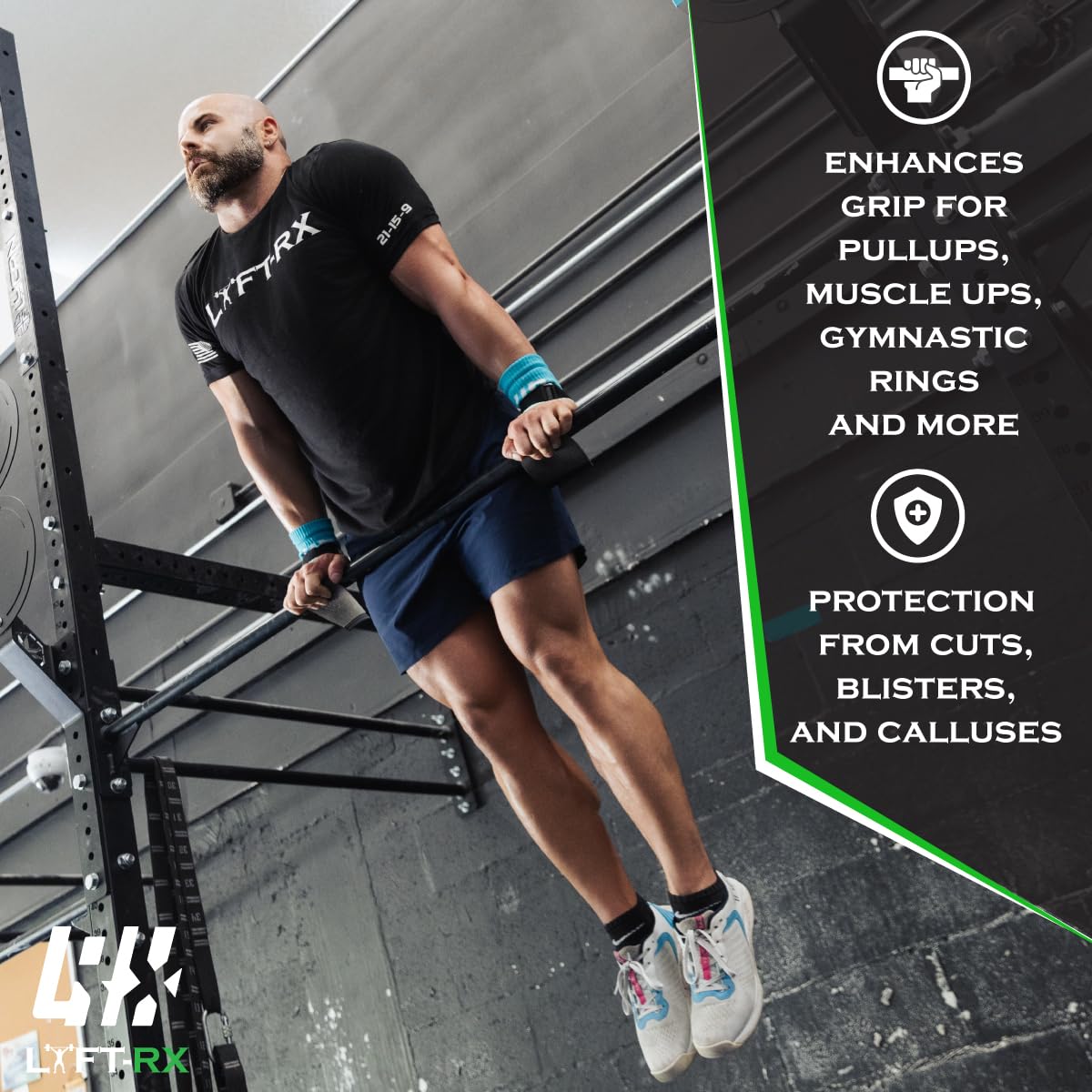 LYFT-RX Valiant Grips, Rubber Coated, No-Hole Fingerless Hand/Palm Grips w/Heavy-Duty Wrist Strap, Non-Slip, No Chalk Needed, for Weightlifting, Gym, Cross Fitness, Pull-Ups, Gymnastics, Size X-Large