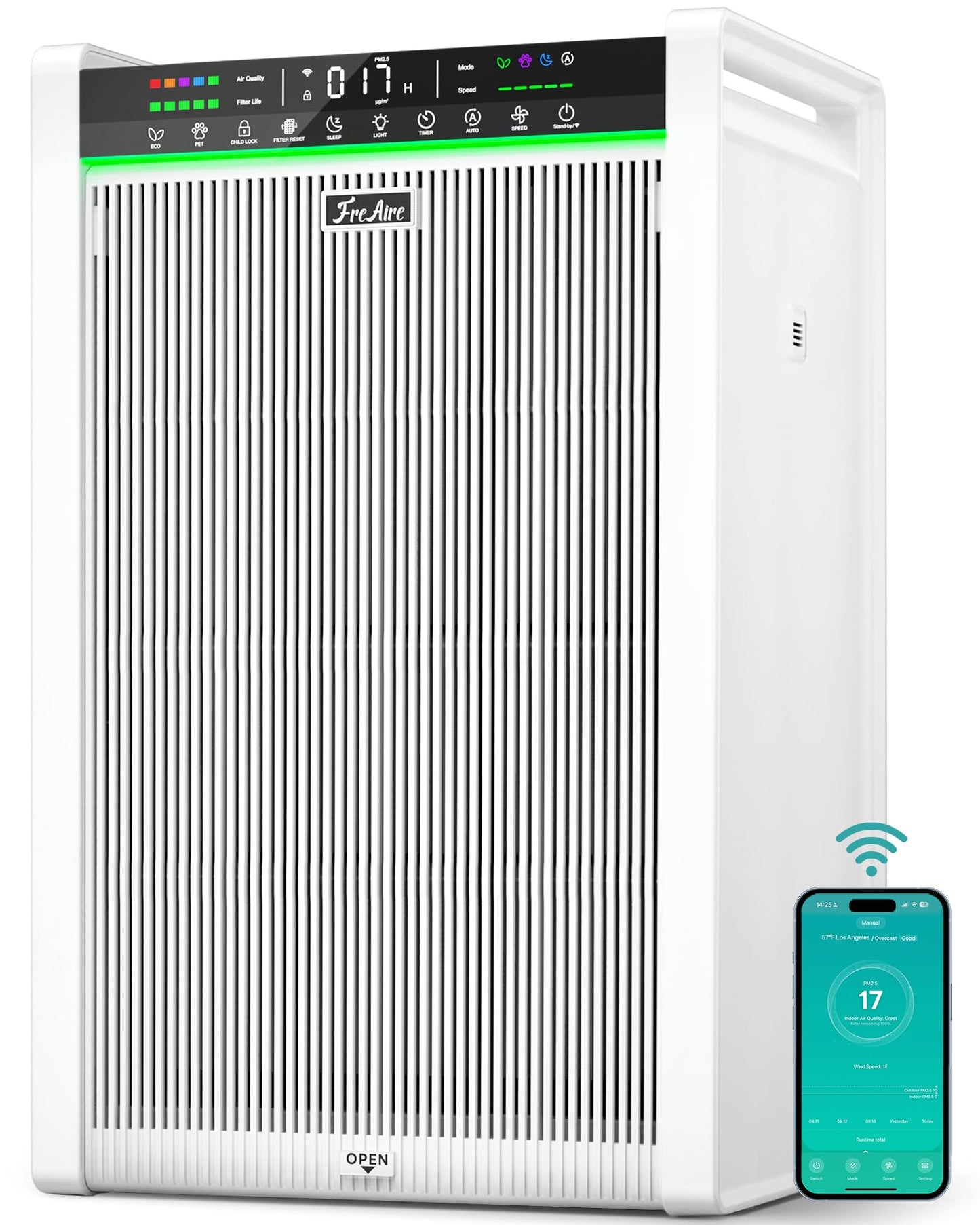 FreAire Air Purifiers for Home Large Room up to 3,850 Ft², HEPA Air Purifier with Smart APP Control & Washable Filter, Large Real-Time PM2.5 Display, Auto Pet ECO Modes for PoIIen Pet Dander Smoke