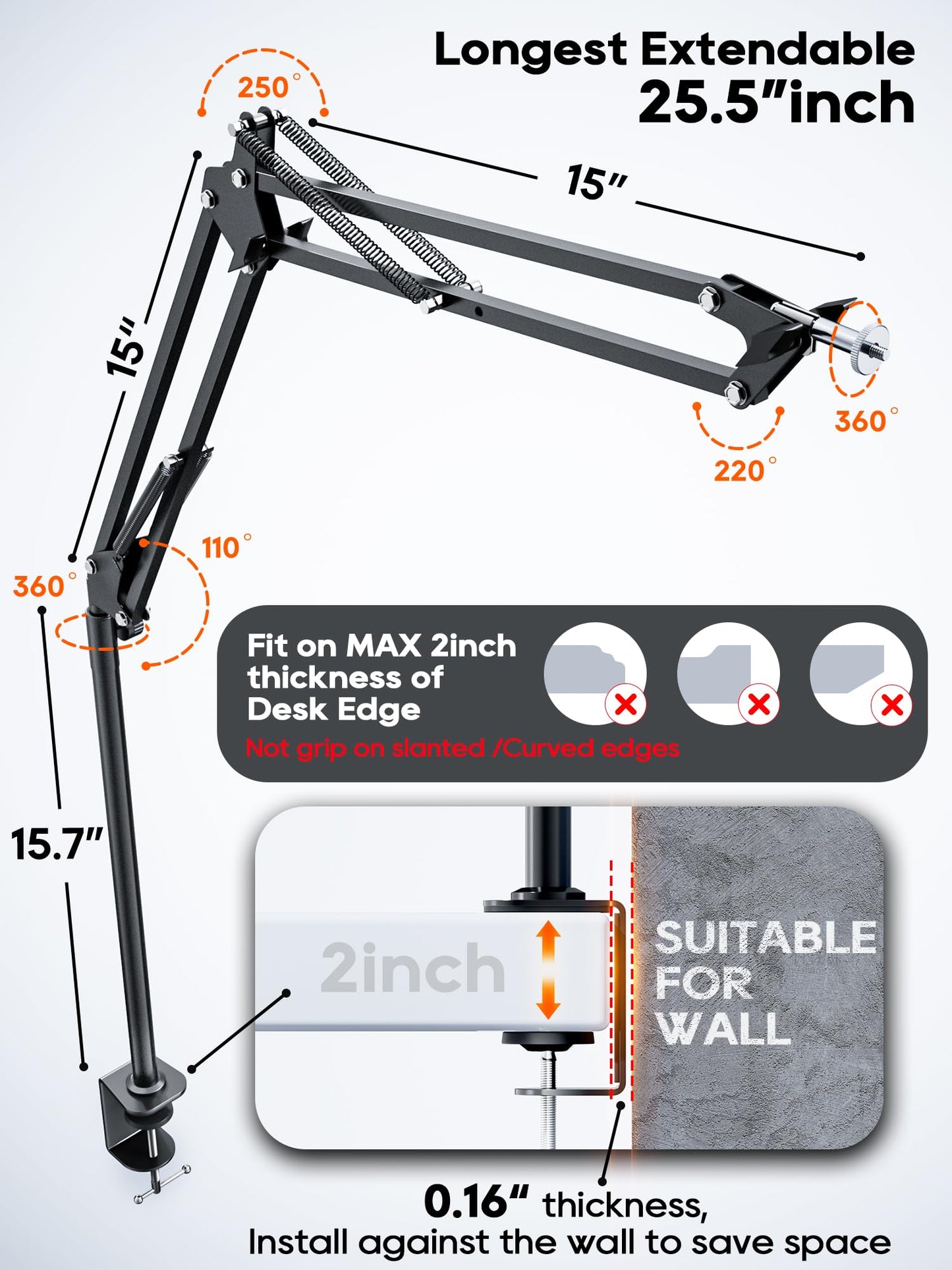 Overhead Camera Mount, Desk Camera Mount with Articulating Arm, 5lb Load Capacity, 360° Adjustable Stand for Phone/DSLR/Webcam, C-Clamp Tabletop Mount for Video Recording, YouTube, Live Streaming