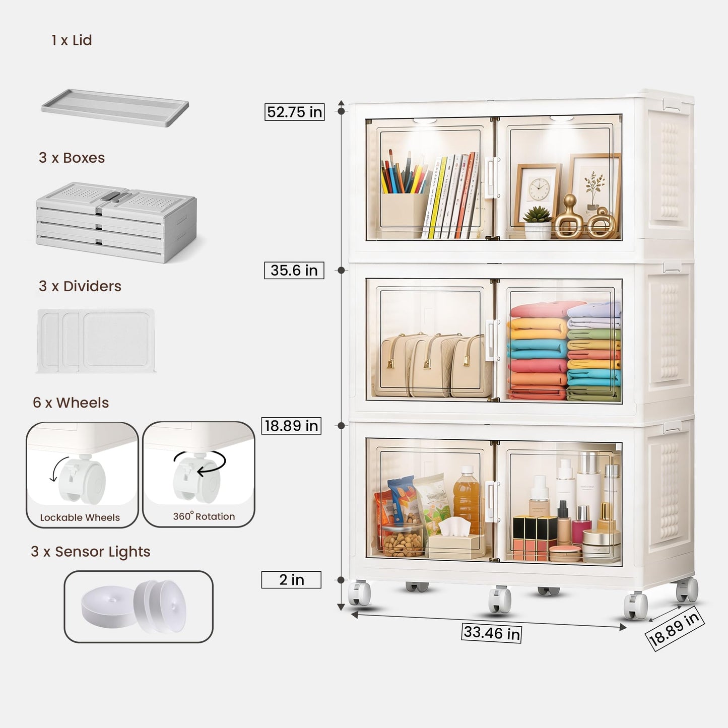 FINCHESCLUB 568QT/141GAL 3 Tier Stackable Storage Bins, Foldable Cabinets with Wheels, Doors and Motion Sensor Lights, Collapsible Closet Storage Organizer, 3 Pack Cubes, White